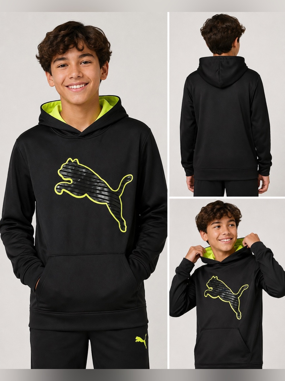 Puma Black Hoodie with Neon Yellow Lining Size XL